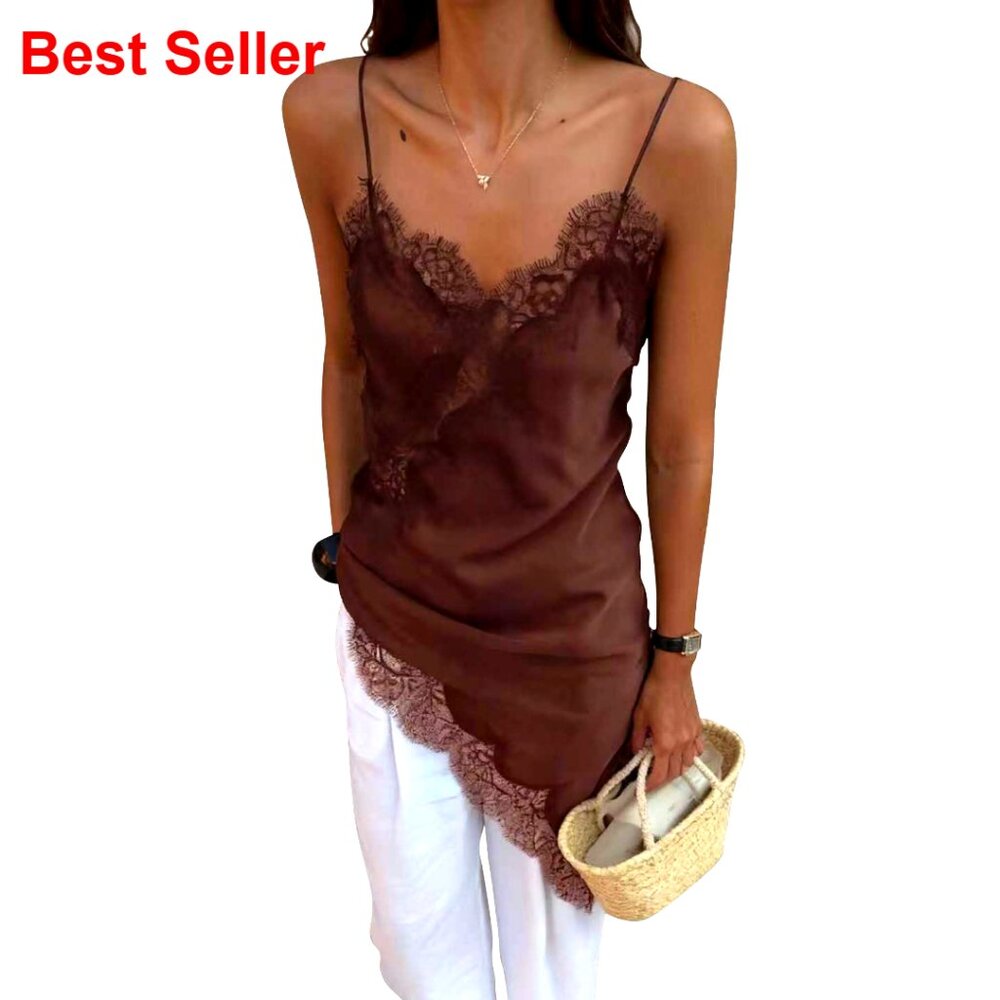 Satin Lace Camisole Asymmetric Vest Backless Slit Hem Women's Top